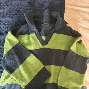 Wild Fable Green and Blue Striped V-Neck Sweater
